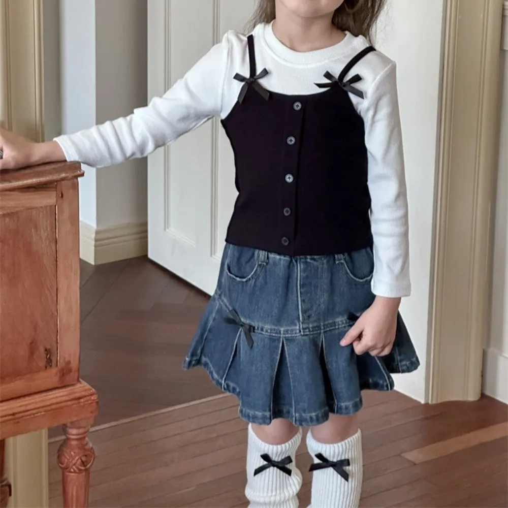 Fashion Korean Style False Two-piece Top Princess Bow Long Sleeve T-shirt Elegant Base Shirt Girls Wear