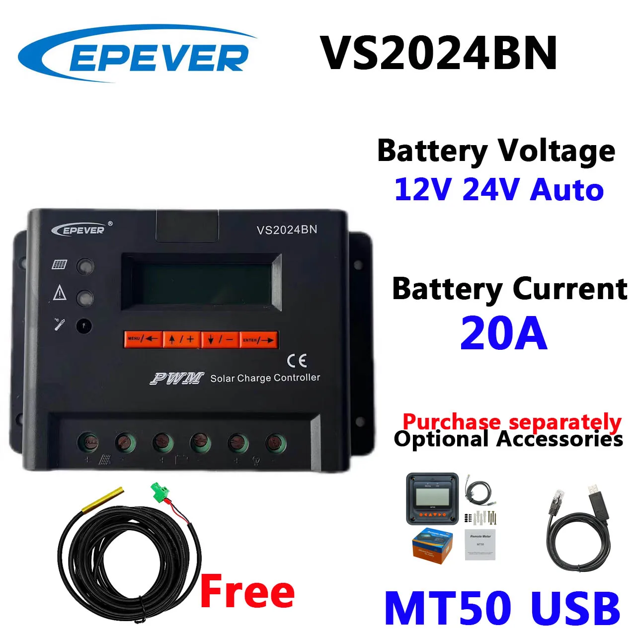 

Новый ШИМ Контроллер заряда солнечной батареи VS2024BN с ЖК-дисплеем EPEVER 20A 20amp 12В 24В, автоматическая работа, кабель датчика температуры