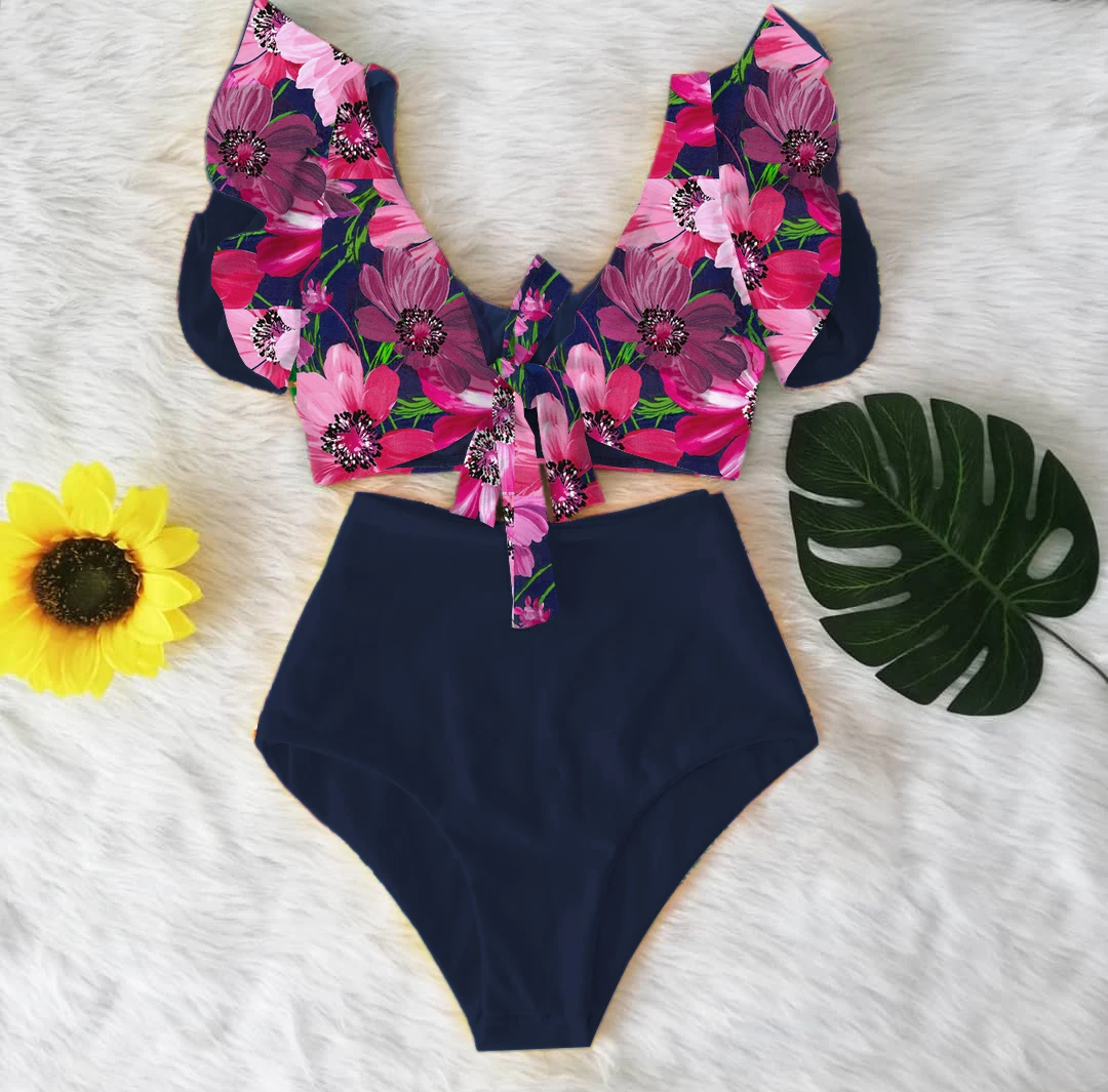 Sexy Shoulder Ruffle Swimwear Women Swimsuit High Waist Bikini Set Bowknot Push Up Bathing Suit Beachwear Biquini Female