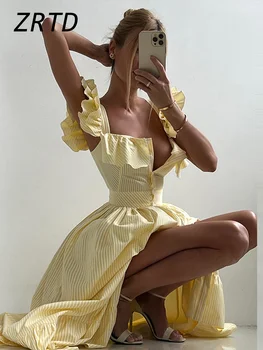 Elegante abito lungo con volant a righe da donna colletto quadrato manica volante monopetto abiti femminili 2025 abiti da festa estivi da donna 1