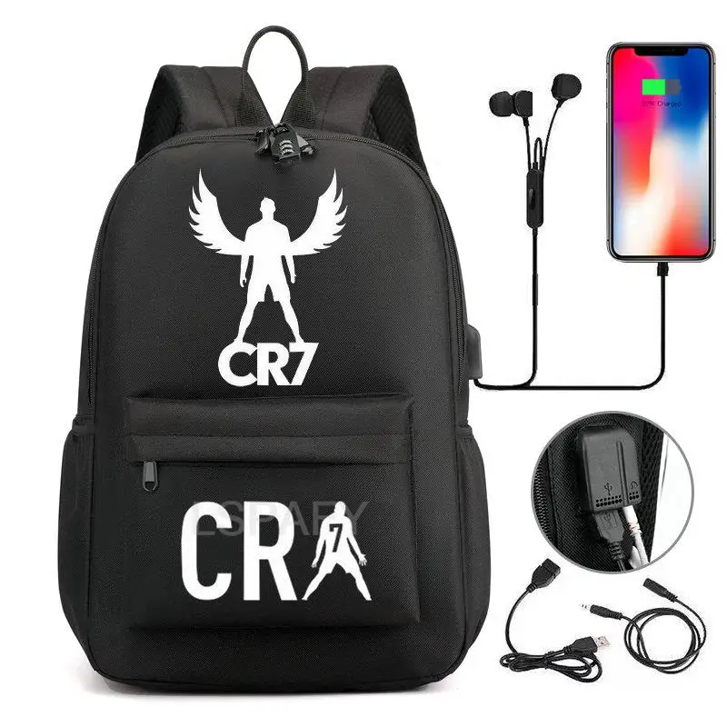 Mochila de lona con puerto USB para adolescentes y niños, bolso escolar de viaje con capacidad para estudiantes, CR7