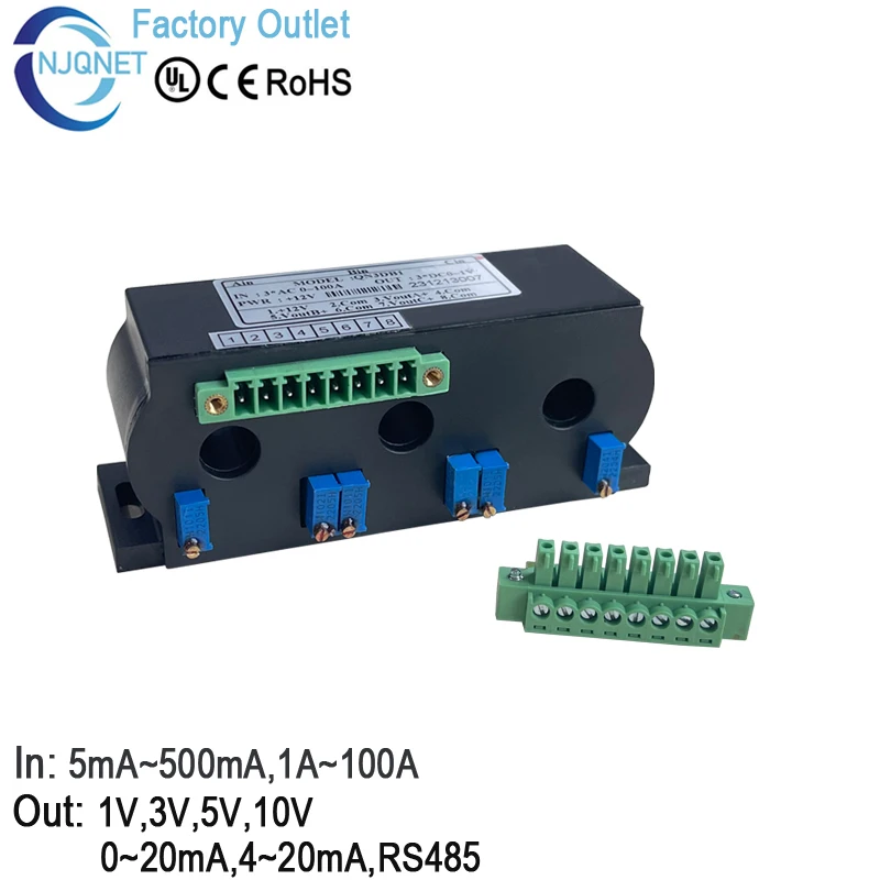 

3 phase current sensor QN3DB1 Input AC 5mA 50mA 100mA 5A 10A 20A 50A 100A Output 5V 10V 4~20mA RS485 3 Phase Current Transducer