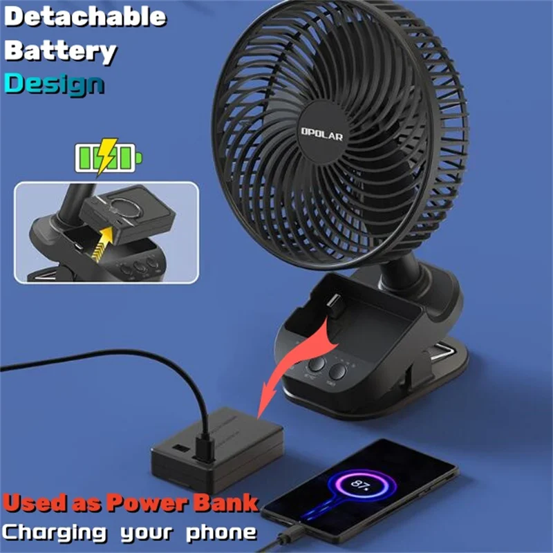 8-Inch USB Oscillating Fan Powerful Wind 10000mAh Rechargeable Battery as Power Bank 5-Speed 3-Gear Timing Hook&Clip&Desktop Fan
