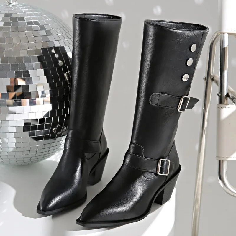 Pointed Toe Women High Boots Knee High Chunky Fashion Heeled Shoes New Trend 2025 Winter Pumps Goth Woman Chelsea Botas Mujer