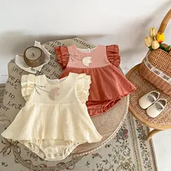 2024 New Summer Girls Bodysuit 0-2Y Baby Cute Embroidered Flowers Jumpsuit Toddler Clothes One Piece