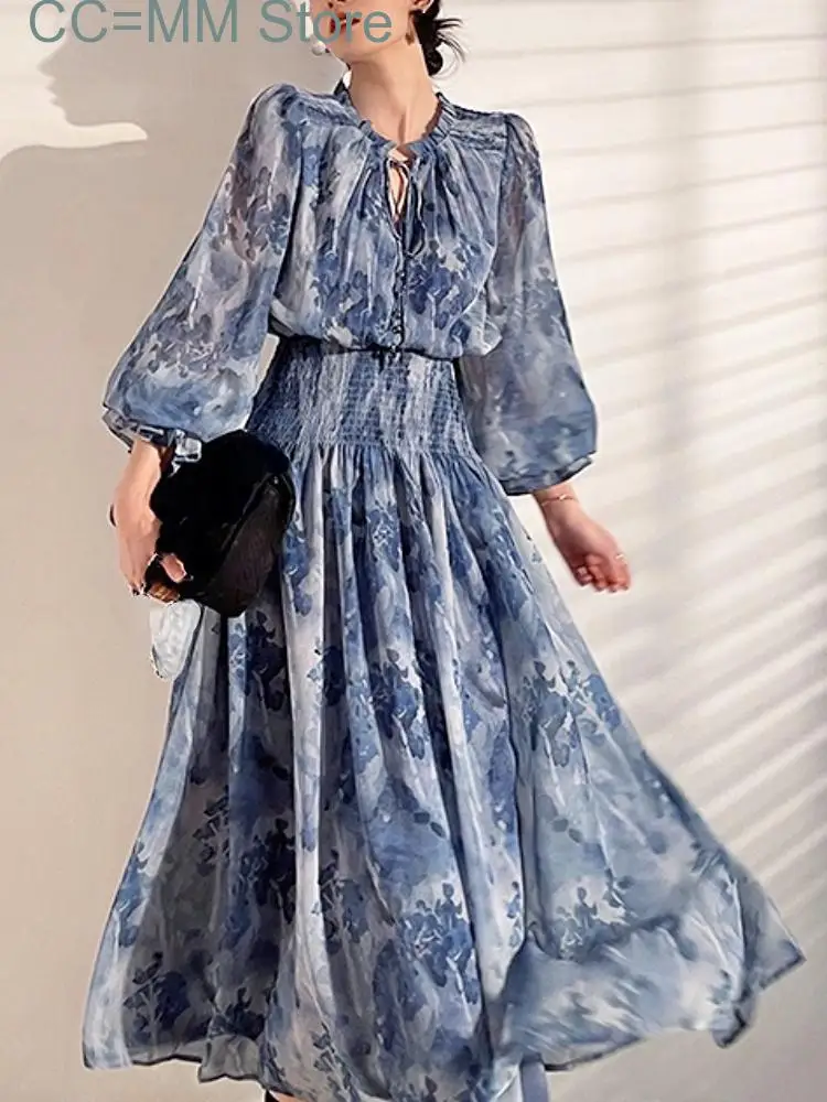 

New Print Dress for Women Fashion French Style Elegant Long Sleeve O Neck Hollow Out Lace-up Dress Chic Maxi Dress