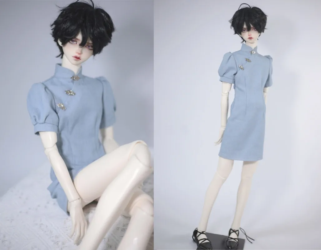 BJD doll clothes suitable for 1/3 1/4 Uncle size light blue denim puff sleeves improved cheongsam doll accessories