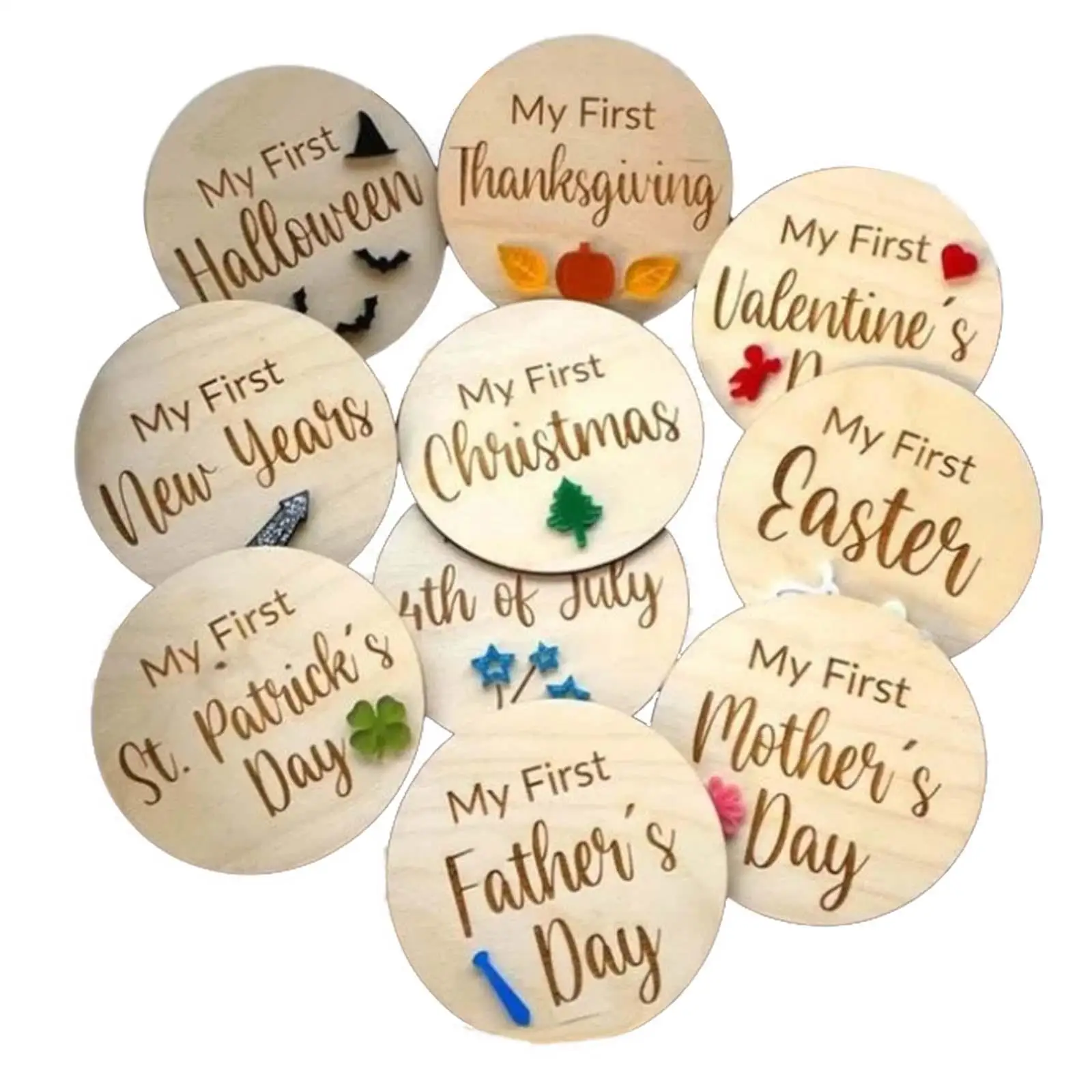 Wooden Baby Milestone Card Birth Sign Holiday Photo Props Wooden Circles 10Pcs Growth Recording Card for Newborn Boy Girl Baby