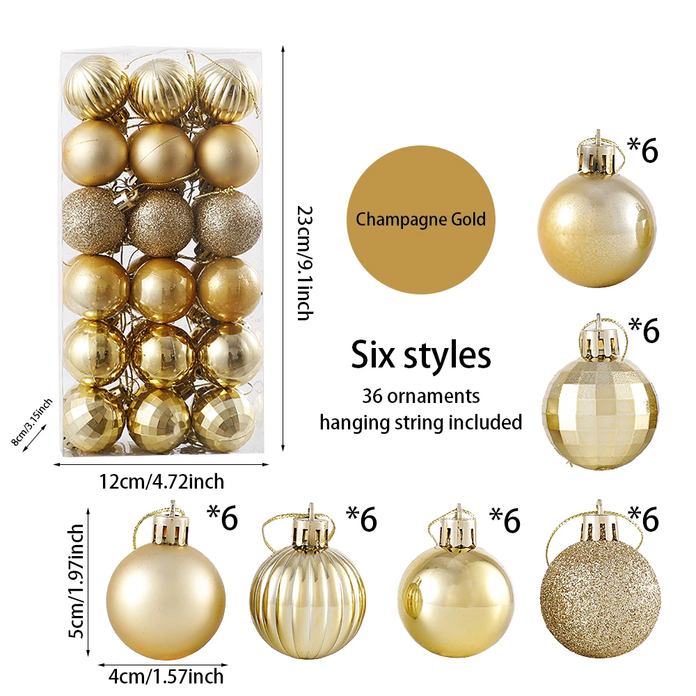 36pcs/box 4CM Glitter Christmas Balls Xmas Tree Hanging Pandent Balls Rose Gold Silver Green Red Blue New Year Christmas Decor