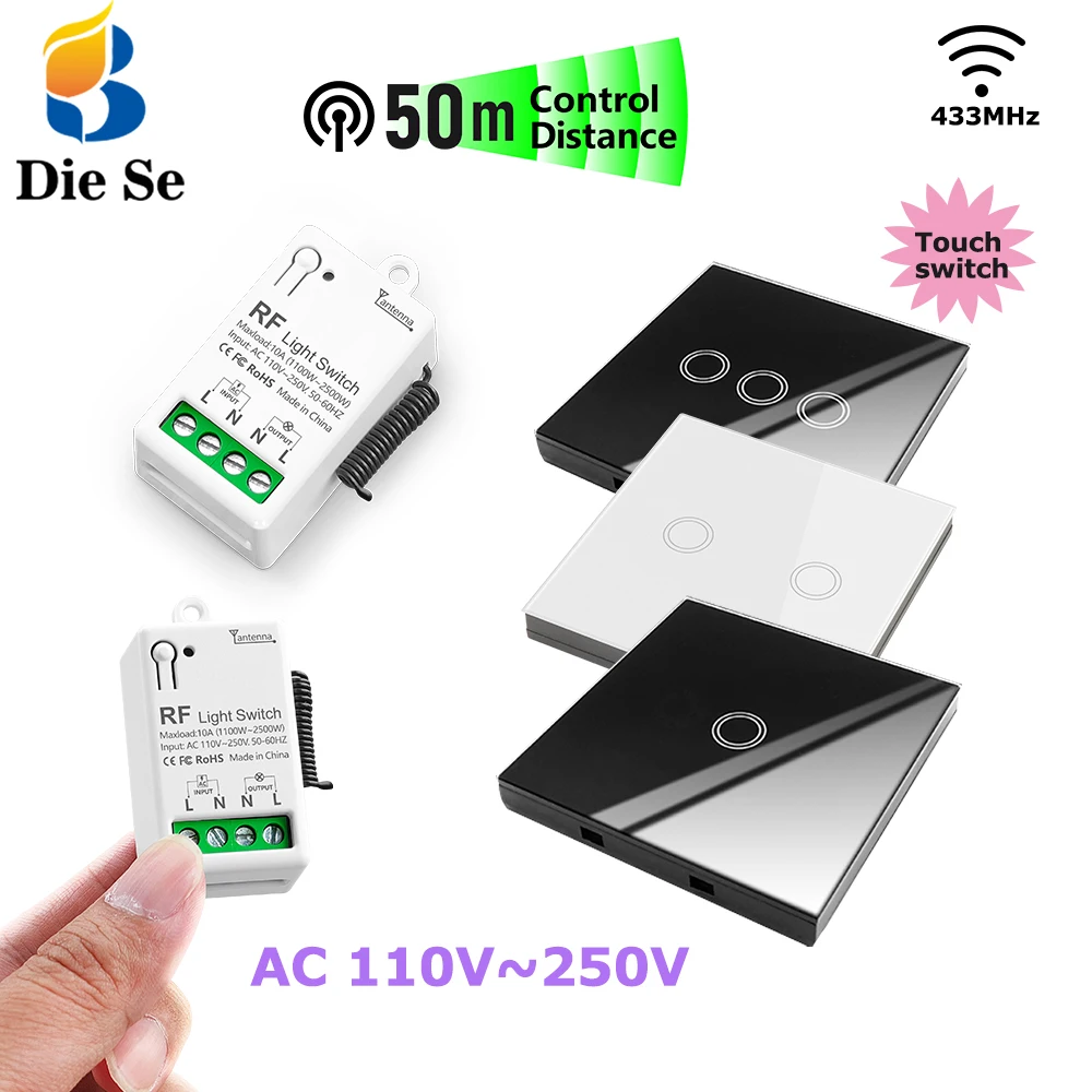 Diese 86 สวิตช์ไฟสัมผัสไร้สาย 433MHz เครื่องส่งสัญญาณ,AC 110V ~ 250V 10A รีเลย์ตัวรับสัญญาณขัดขวางสําหรับ Home Improvement 1