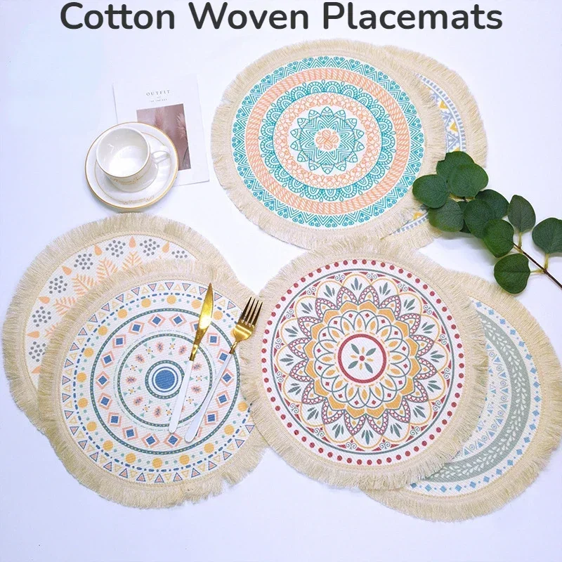 

4PCS Mandala Round Placemats,Boho Cotton Woven,Macrame Tassels Table Mats,Washable,Heat Resistant Mat,Dining Room,Table Decor