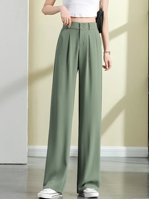 Womens Fashion High Waist Office Straight Pants Casual Loose Wide