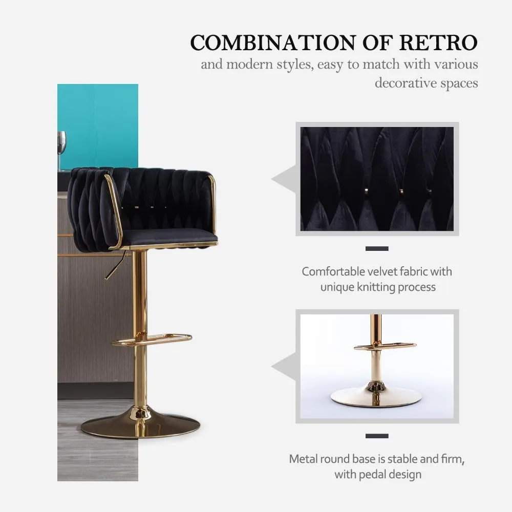 Velvet Swivel Bar Stools Set of 4, Adjustable Counter Height Bar Chairs with Woven Back & Footrest, Luxury Gold Bar Stools 3