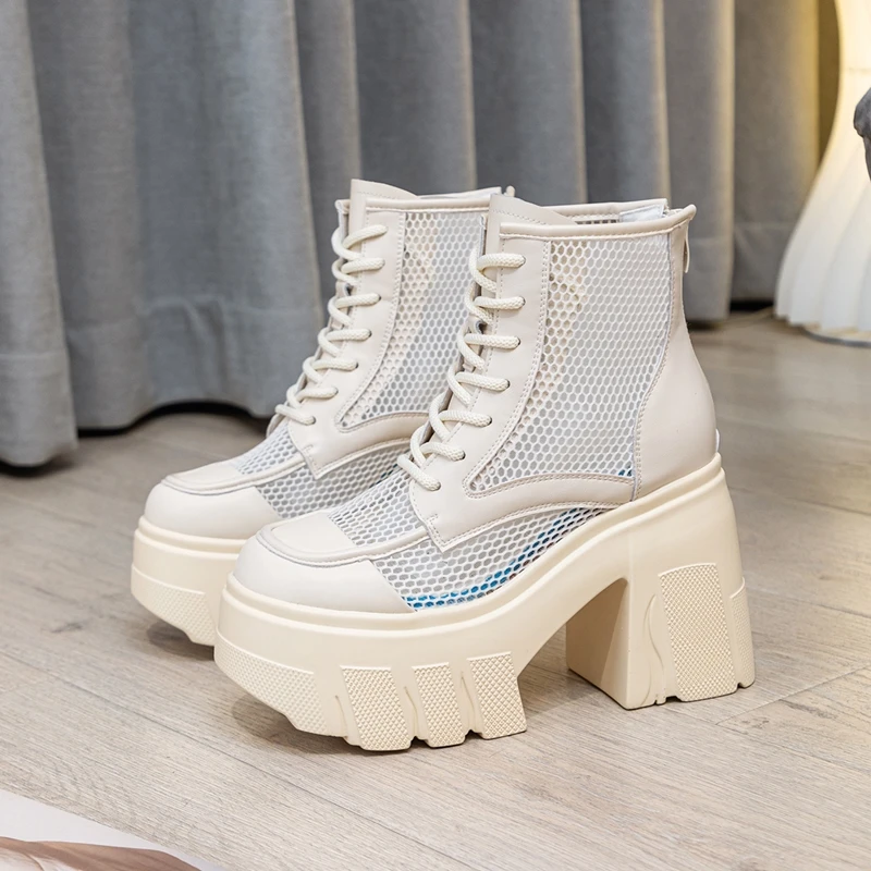AIYUQI Summer Boots Female Genuine Leather 2024 New Mesh Women Shoes Boots 11cm Height Platform High Heel Cool Boots Women