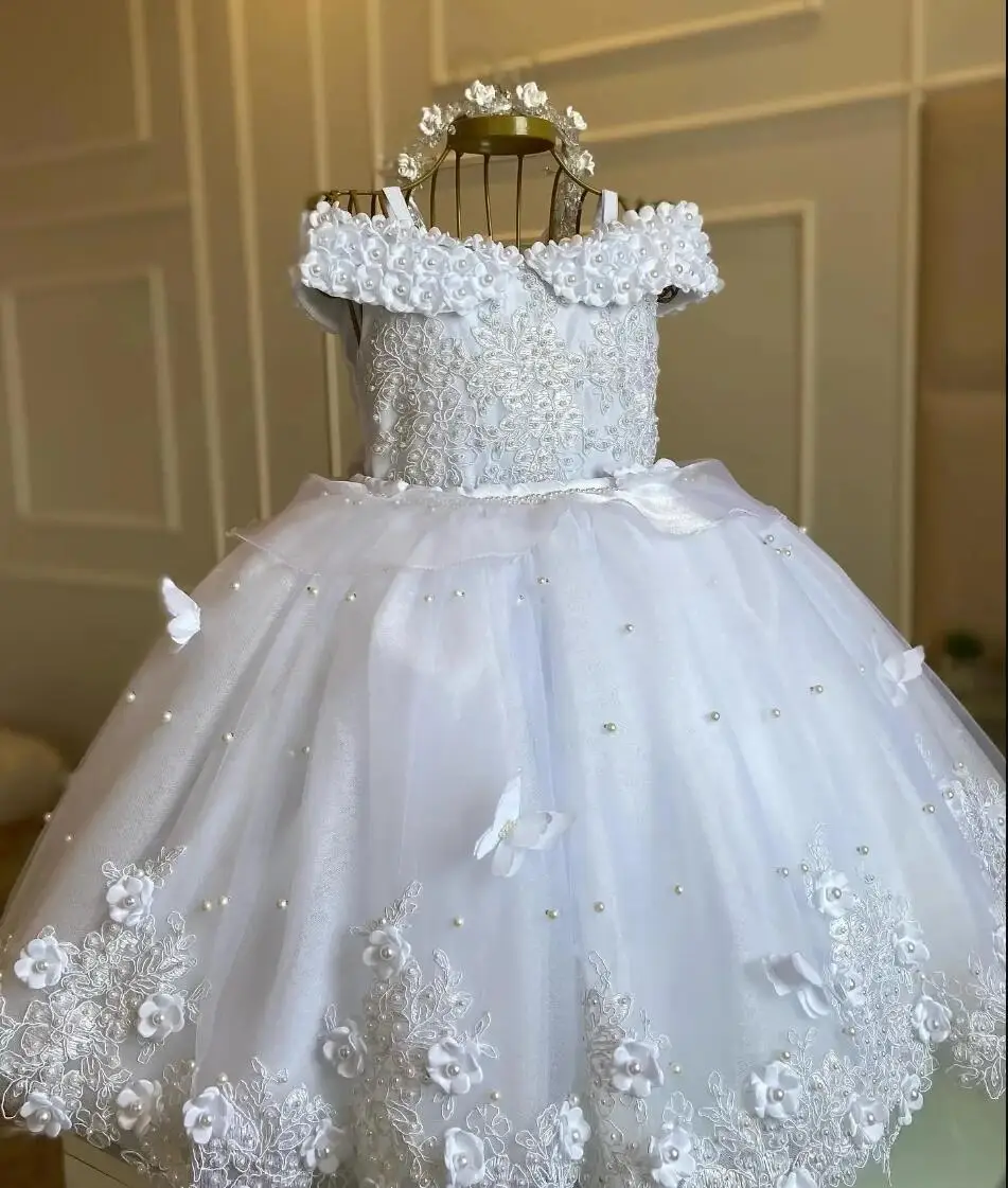 

White Pearls Flower Girl Dress For Wedding 3D Butterfly Sleeveless With Bow Birthday Party Kids Christmas Princess Ball Gown