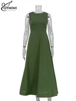 Oymimi Elegant Green Cotton Women's Dress Fashion O-Neck Sleeveless Dresses Casual New High Waist A-Line Mid-Calf Dresses Female - Image 5