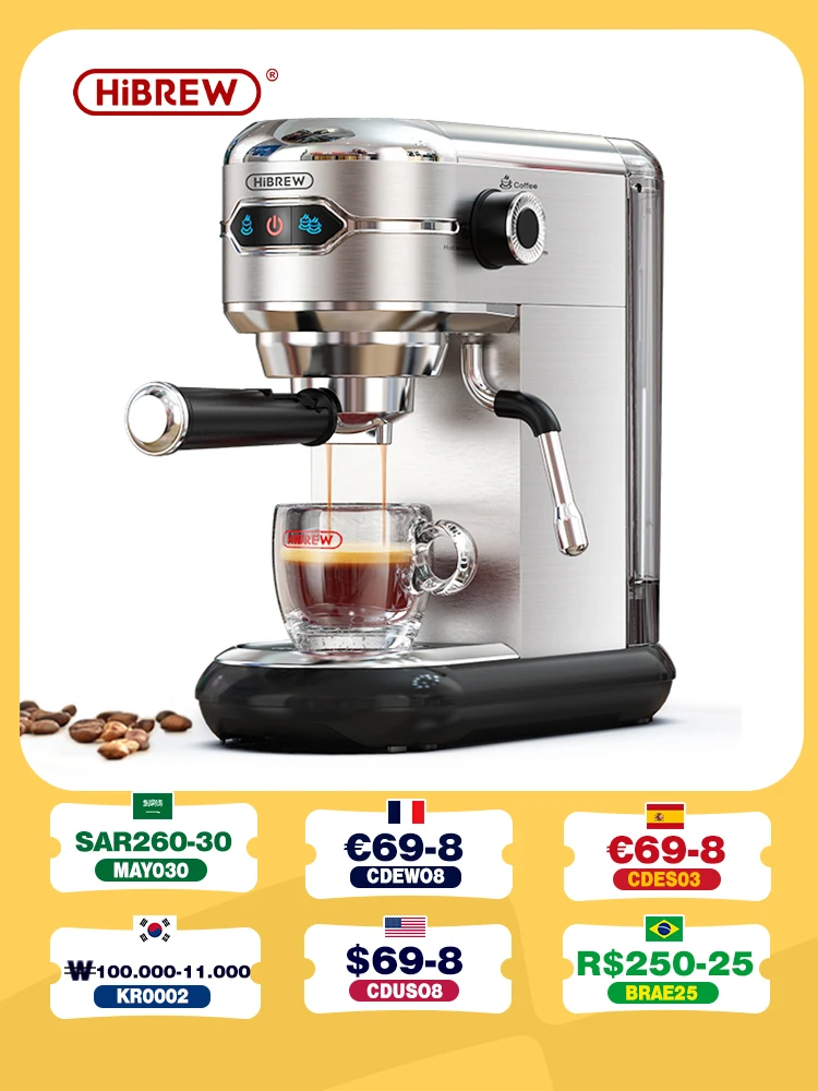 HiBREW Coffee Maker Cafetera 19 Bar Inox Semi Automatic Super Slim ESE POD& Powder Espresso Cappuccino Machine Hot Water H11