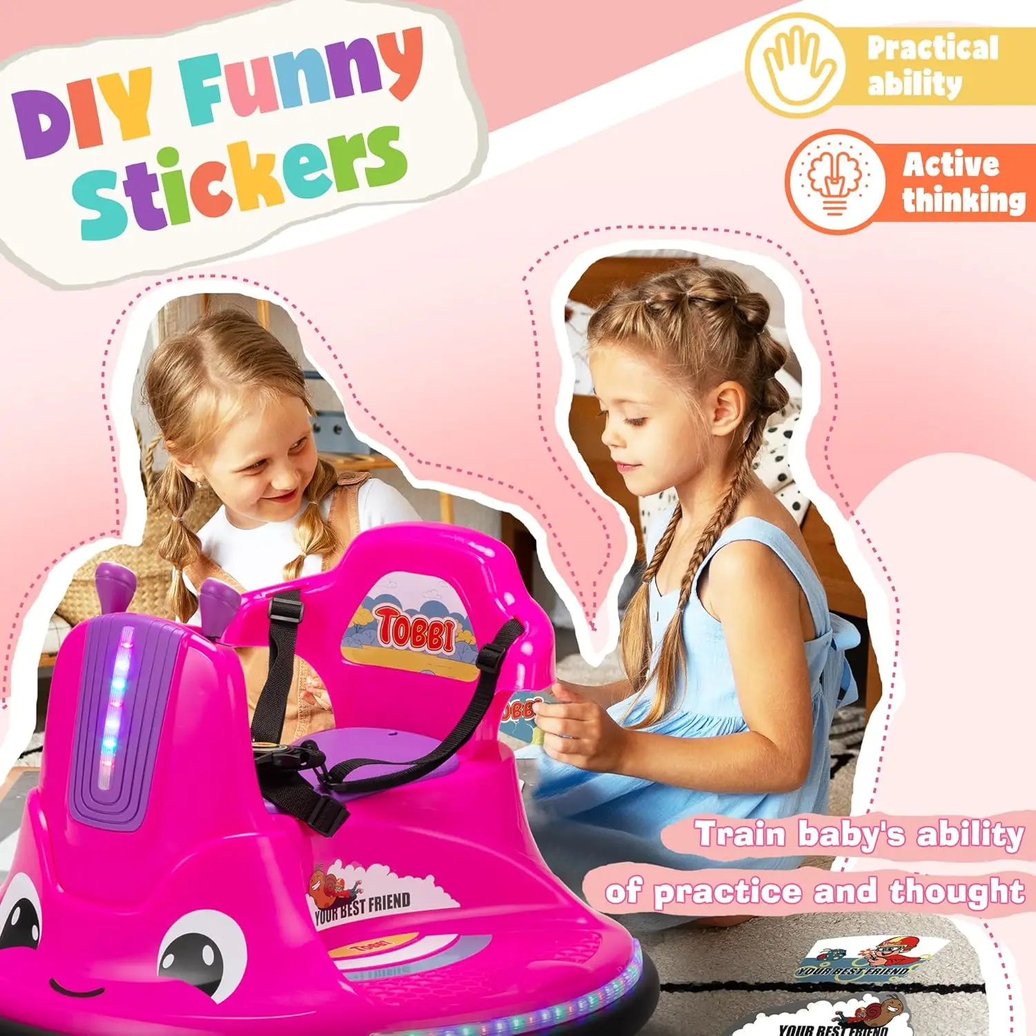 Toddlers Bumper Car, 12v Baby Electric Ride On Snail Shape Toy with Remote Control/Children Funny Stickers/360 Degree