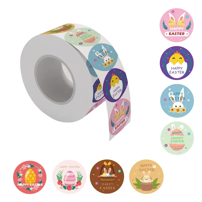 Easter Sticker Rolls 500 Pcs Self Adhesive Cute Bunny Chick Egg Decorative Stickers Wrapping Supplies