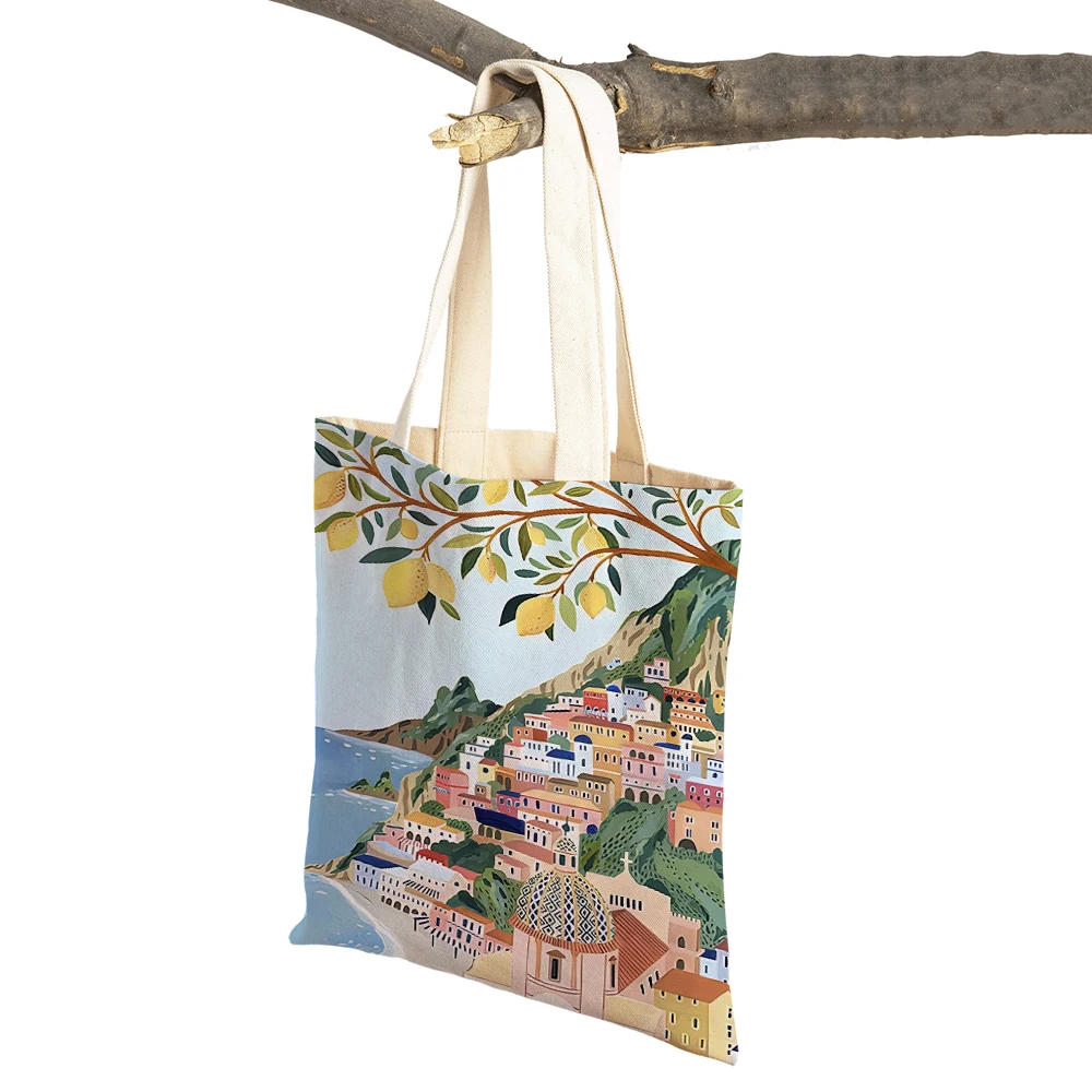 

Vintage Landscape Shoulder Shopper Bag Barcelona Santorini Positano Women Shopping Bags Double Print Lady Canvas Handbags Tote