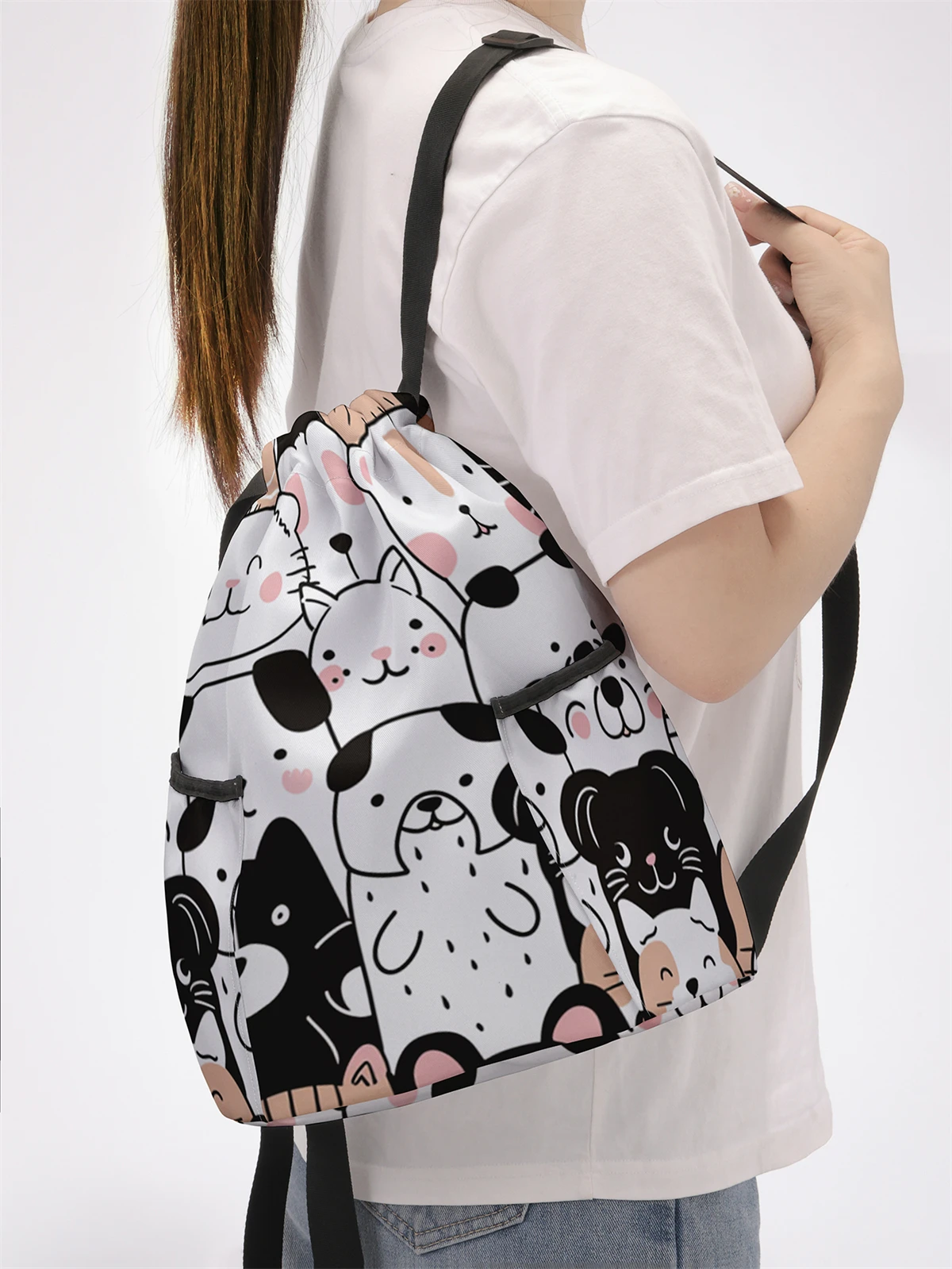 Cartoon Dog Pattern Drawstring Backpack - Large Capacity Durable Fitness Bag, Adjustable Shoulder Straps, Sports Beach Backpack