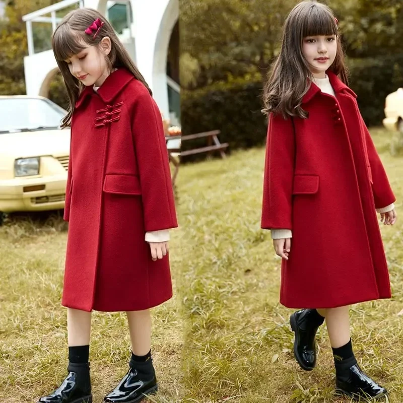 

Girl Red Woolen Jacket Winter Korean Teenager Girls Wool Coats Mid-Length New Year Clothes Childrens Clothing 10 12 Y Autumn