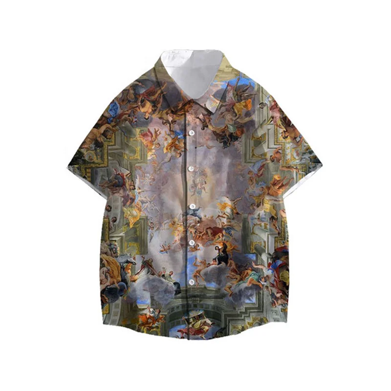 

Vintage European Mural Printed Shirt Hawaii Summer men's Short Sleeved Shirt Oil Painting Aesthetics Women's Casual Beach Top