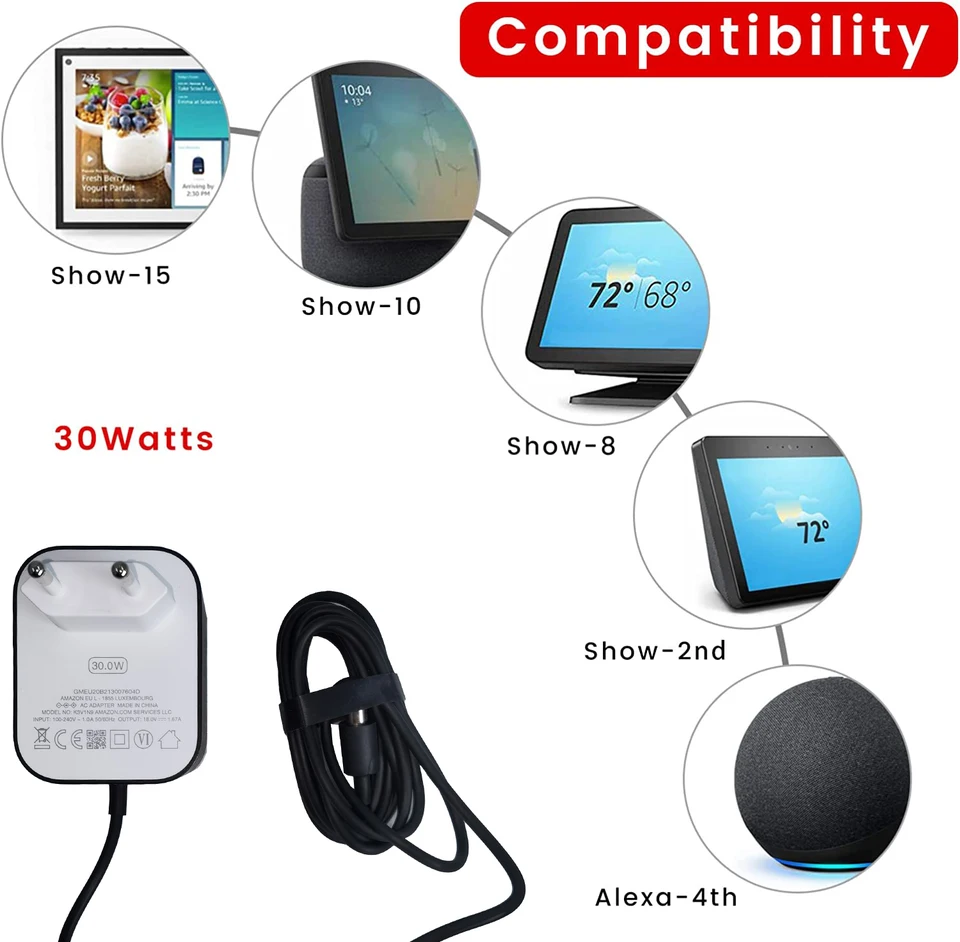 Batterie Echo Show Echo Power Adapter 30W Black: Echo (3rd Gen