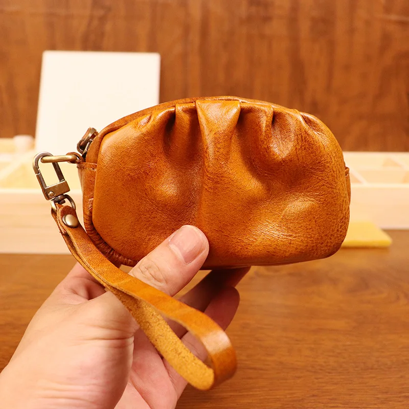 Vintage Pleated Coin Purse Genuine Leather Wristlet Mini Clutch Wallet Change Purse Zipper Coin Organizer Wallet for Men & Women