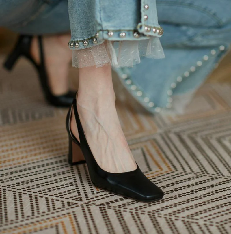 Office Ladies Summer Footwear High Heels Pumps On Heeled Square Toe Shoes For Women 2024 Fashion Leather Casual Slip A Vacation 3