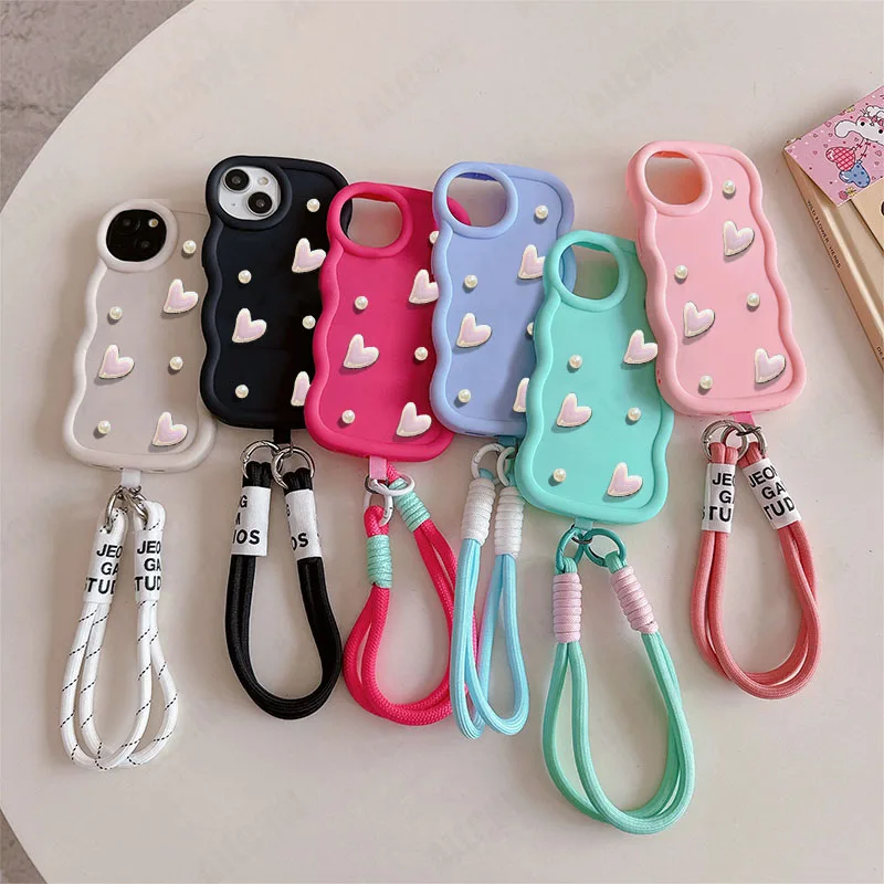 3D Laser Heart Pearl Silicone Soft Case with Lanyard