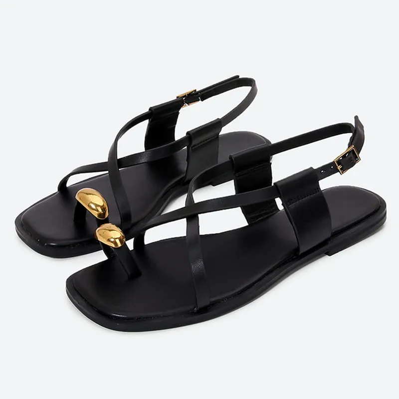 Metal Buckle Decoration Over Toe Flat Sandals Women Ankle Strap GLADIATOR Sandals Summer Beach Slippers