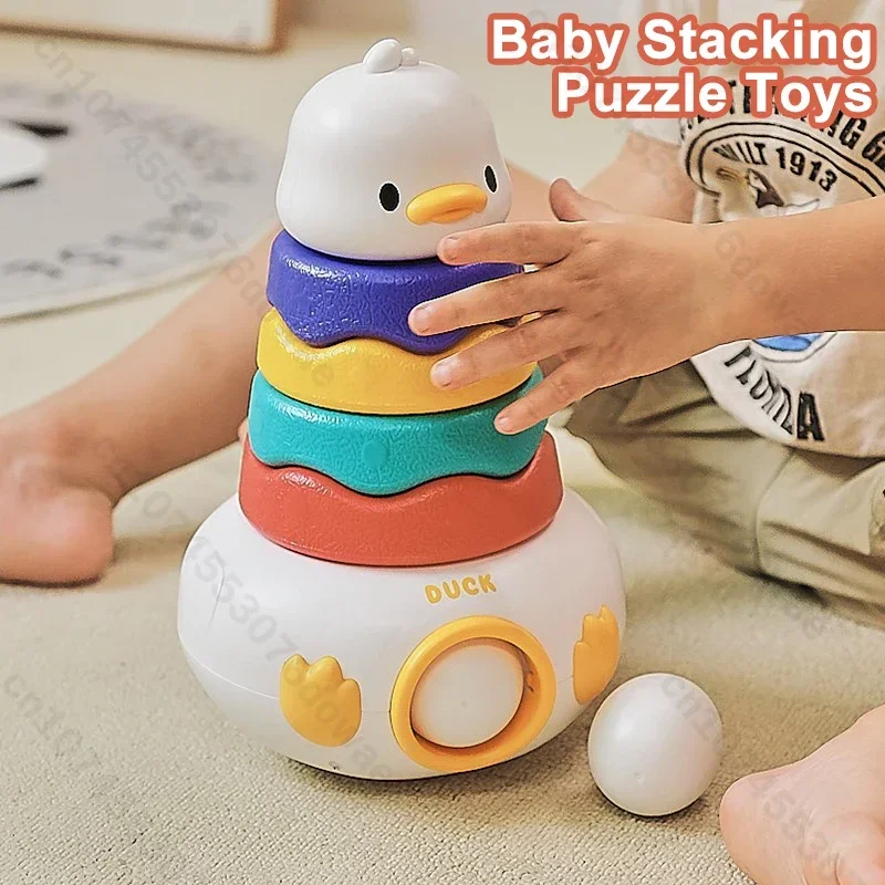 Baby Rotating Rainbow Tower Baby Stacking Puzzle Toys Develop Educational Game Fine Motor Skills Interactive Toys for Kids Xmas