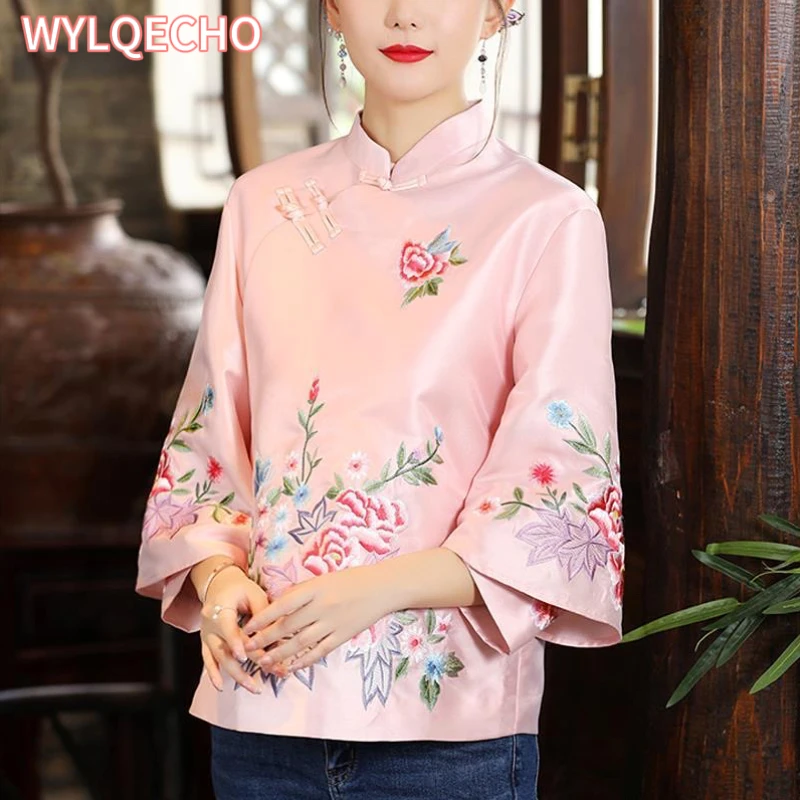 Autumn Ethnic Style Tang Suit Coat Vintage Harajuku Embroidery Chinese Tops Women Large Size Blouse Elegant Loose Female Shirt