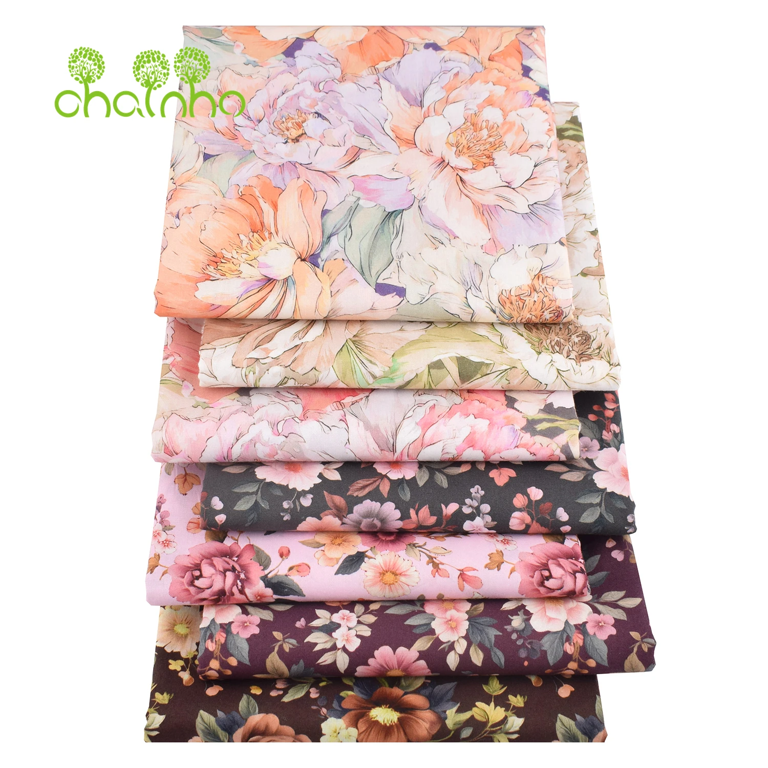 Chainho,Printed Plain Weave Poplin Cotton Fabric,DIY Quilting Sewing Material,Patchwork Cloth,Floral Series,2 Sizes,15PC234
