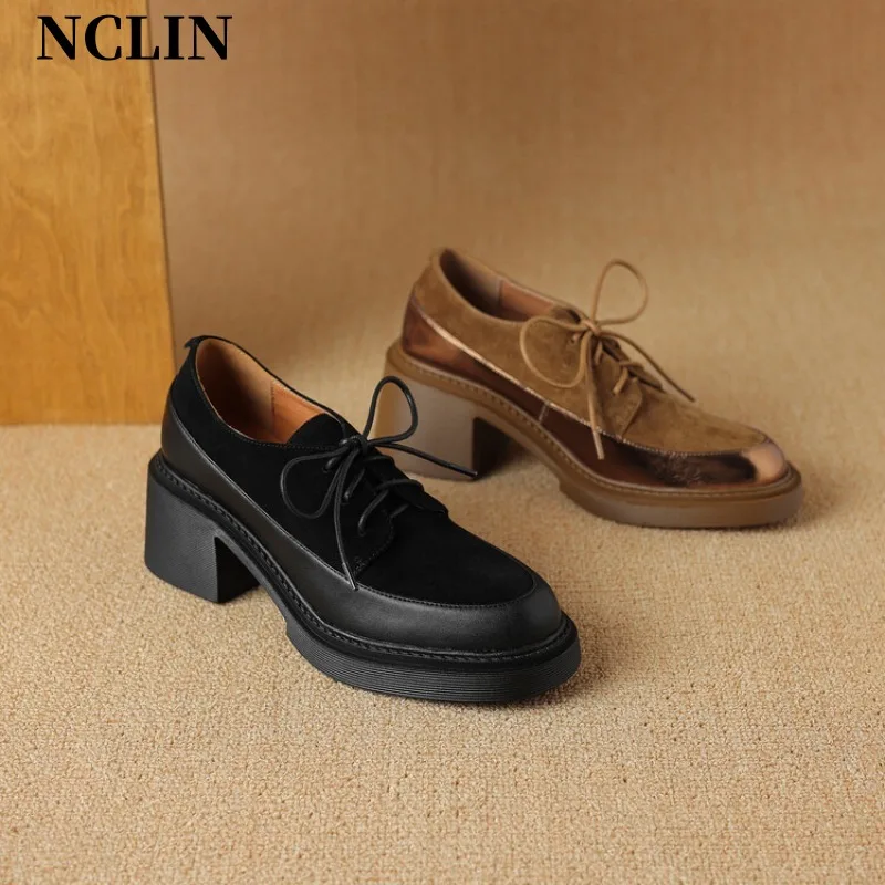 

Spring/Summer Women Shoes Chunky Heel Round Toe Platform Shoes Women Genuine Leather Shoes High Heel Loafers Zapatos De Mujer