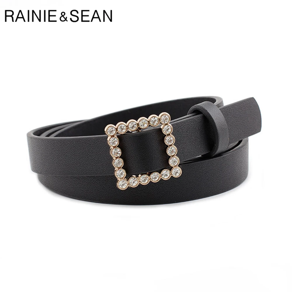 RAINIE SEAN Rhinestone Buckle Belt No Holes Women Fashion Solid Trousers Belt Black Pink Red Purple Ladies Thin Women Belt 107cm