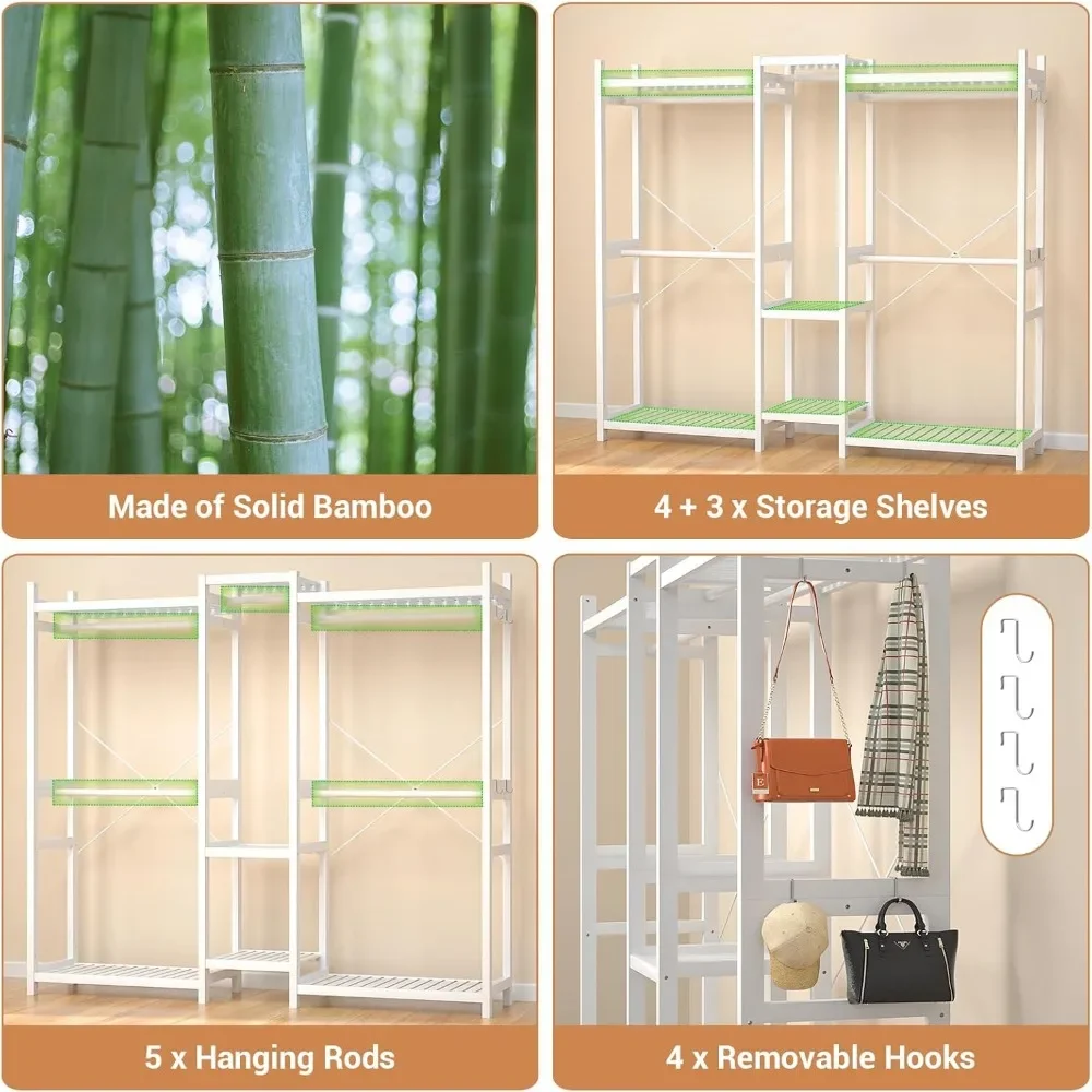 New2025-Bamboo Closet System Clothes Rack, Large Freestanding Garment Rack Clothing Rack for Hanging Clothes with 7 Storage Shel
