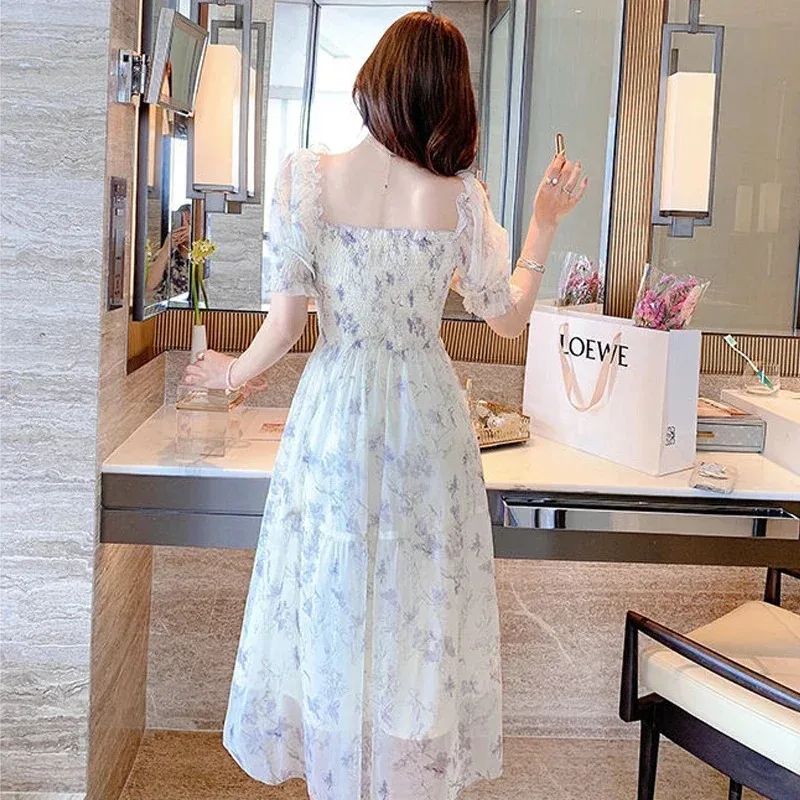 New Elegant Fashionable Bubble Sleeve Square Collar Women's Dress New Floral Fungus Edge A-line Loose Skirt 20044