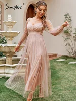 Elegant v-neck see through tulle party dress women Lantern sleeves high waist pink dresses Sexy split mesh longs