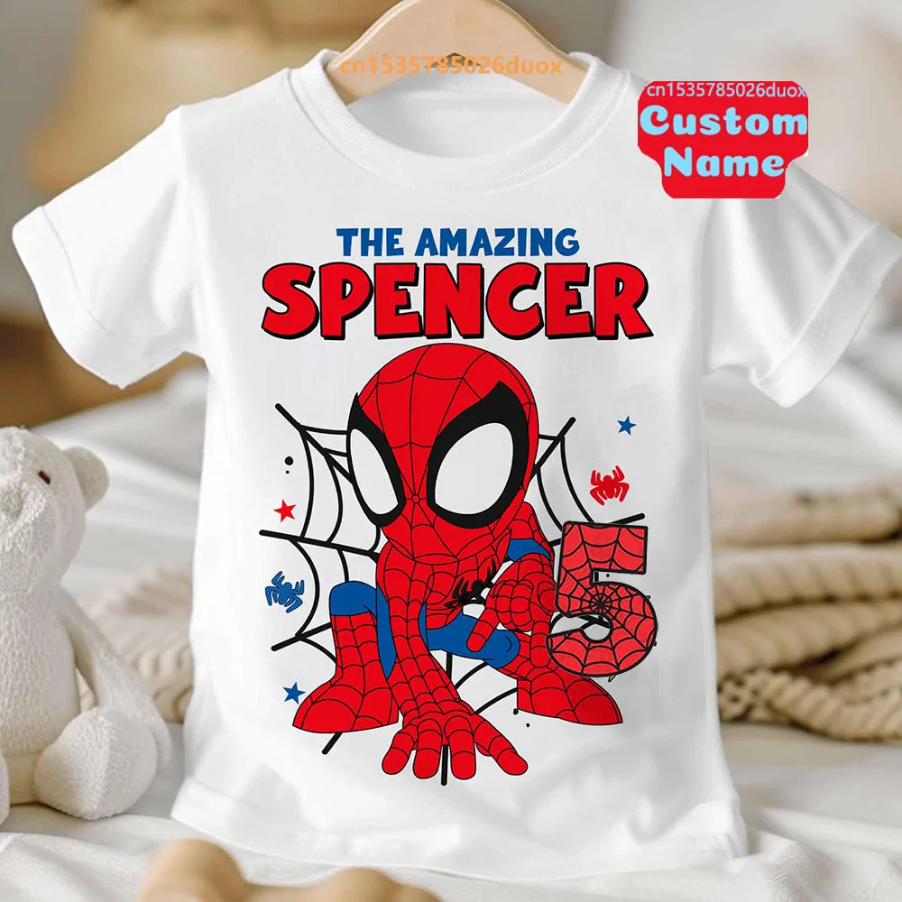 Summer 2025 Kid 2 3 4 5 6 7 8 Marvel Spiderman Girl Birthday Short Sleeve Shirt Spider-Man Boy Personalize Name Birthday Clothes 2
