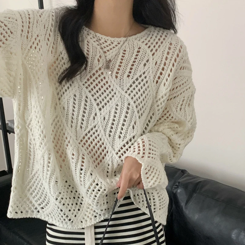 New Elegant Hollow Knitted Long Sleeve Sweater Women's Hoodie Loose Round Neck Office Spring and Autumn Top