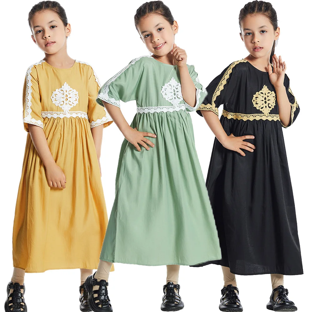 

Fashion Casual Girls Kids Muslim Long Dress Embroidery Islamic Clothing Dubai Abayas Children Eid Ramadan Robe Arab Robe Gown