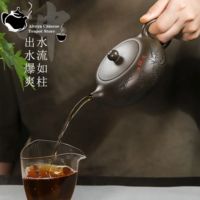 Yixing handmade purple clay teapot, jade, green purple clay, one bead, household tea set, Kung Fu teapot, health pot 320ml
