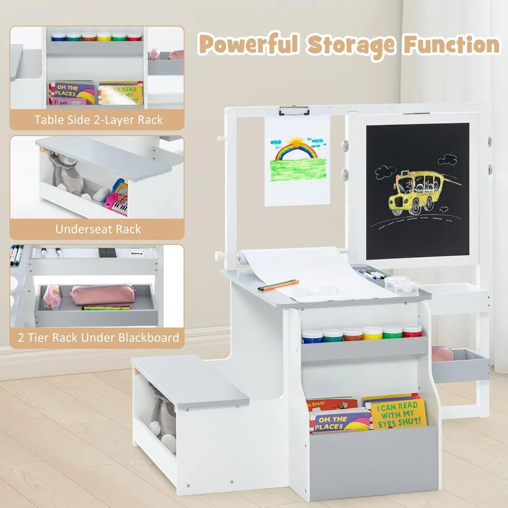 3 in 1 Kids Art Table and Chair Set, Toddler Craft and Play Wood Activity Desk with Double-Sided Easel Blackboard Whiteboard 5