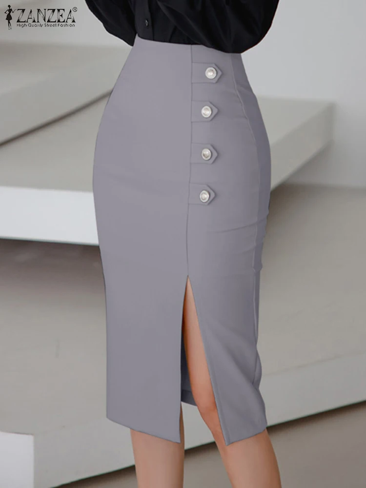 

ZANZEA 2023 Fashion Buttons Wrap Hip Jupe Women High Waist Skirt Vintage Solid Slit Midi Skirts Autumn Female Commuting Faldas