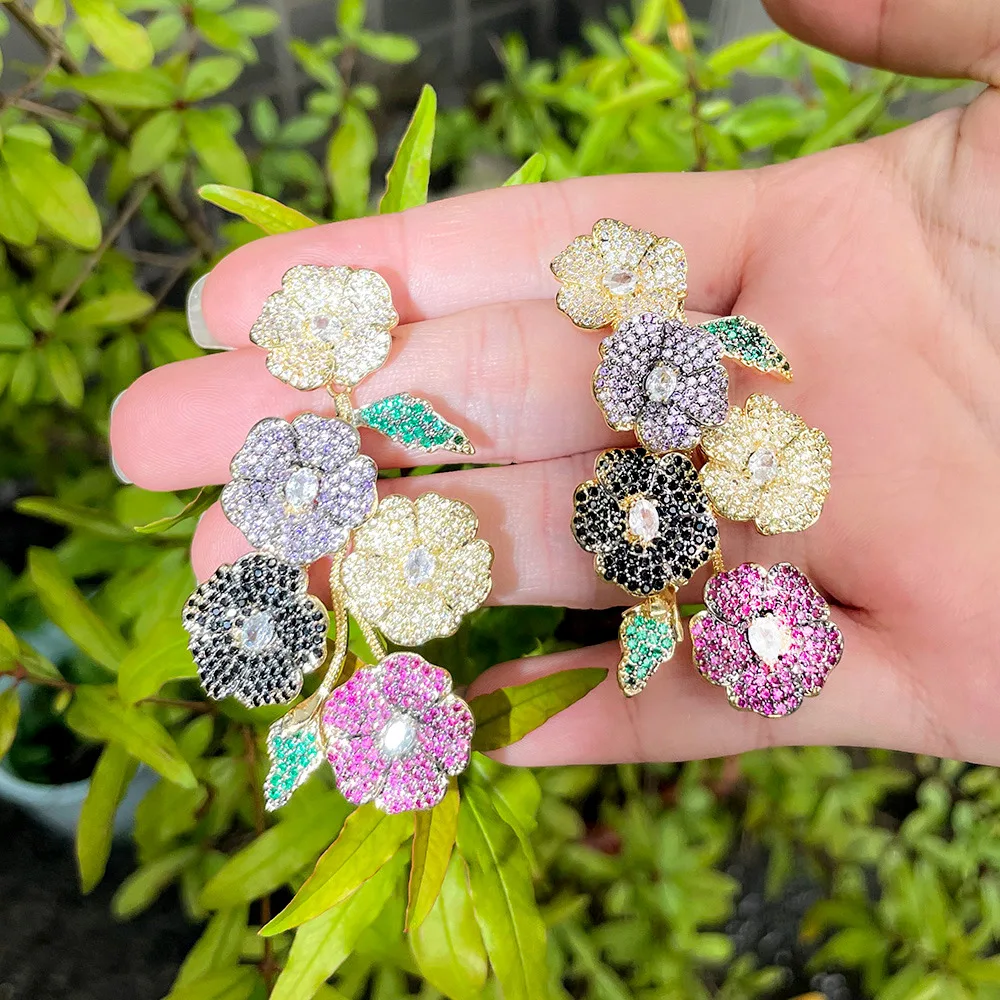 ANGELCZ Exquisite Multicolor Flower Full Micro Pave CZ Crystal Golden Women  Bohemian Long Dangle Earrings for Beach Party AE306