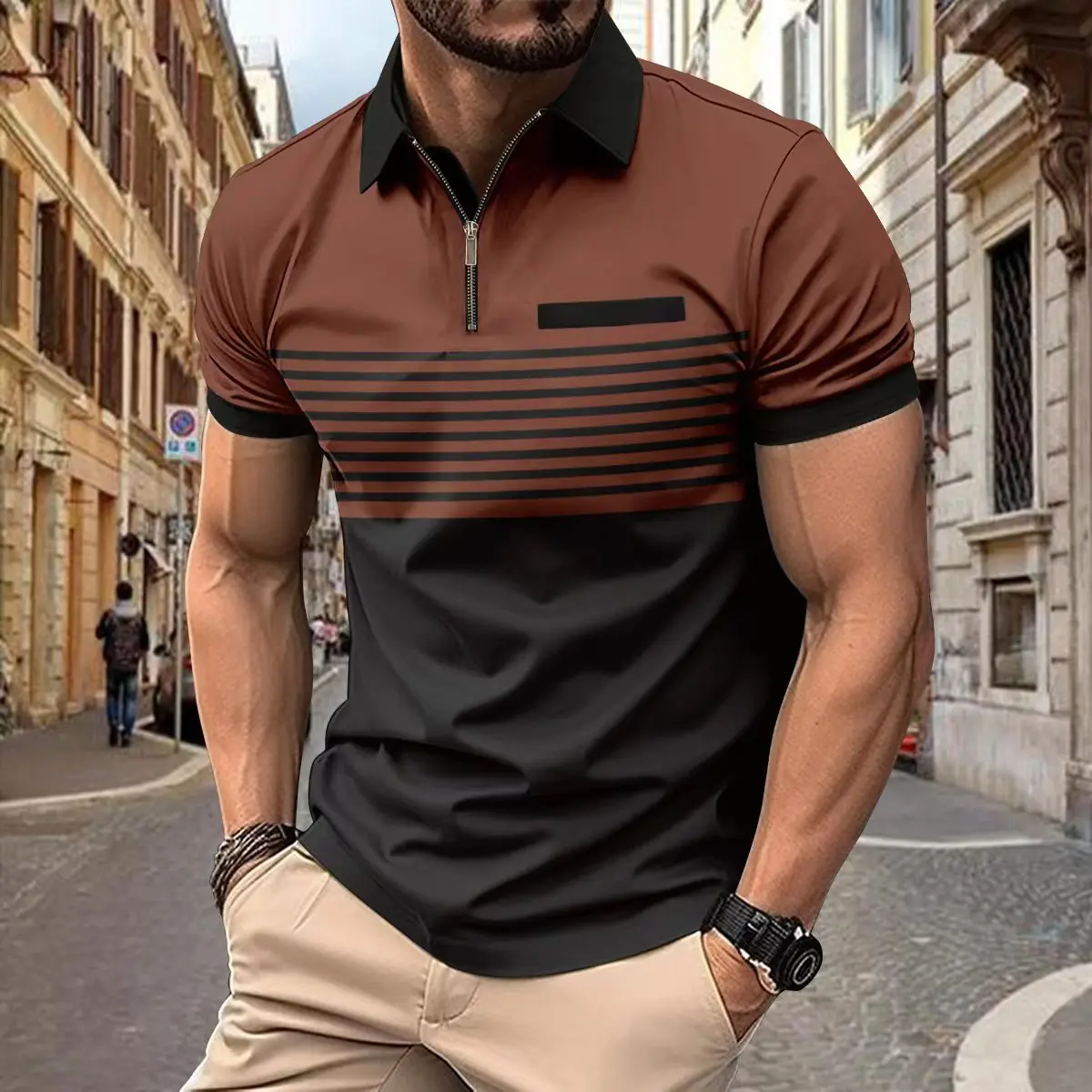 Fashionable mens summer striped T-shirt color blocked 3D digital printing zipper polo shirt business casuallapelshortsleevedpolo 15 Sbd551423280c40ed8264cf932669ea4aM