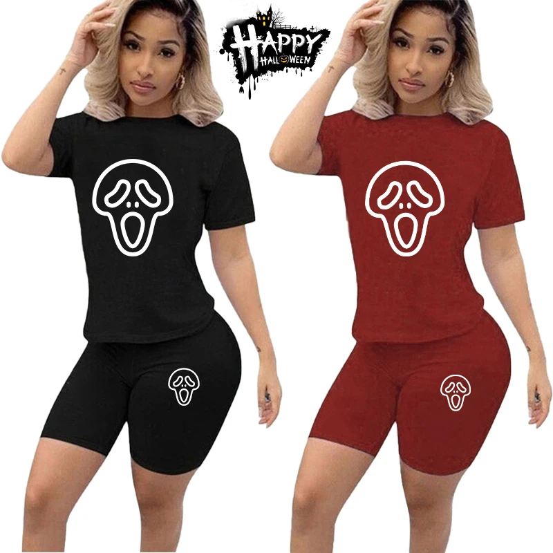 Women halloween Solid Sporting Casual Two Piece Set Short Sleeve Tee Top Biker Shorts Pants Suit Tracksuit Outfits yuha summer bear 3d printed men s t shirt shorts set men s sportswear tracksuit o neck short sleeve men s clothing suit