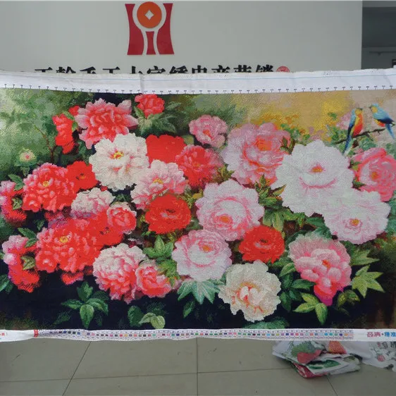 Handmade cross stitch finished product with blooming flowers, wealth, and colorful peonies competing for beauty. Six foot